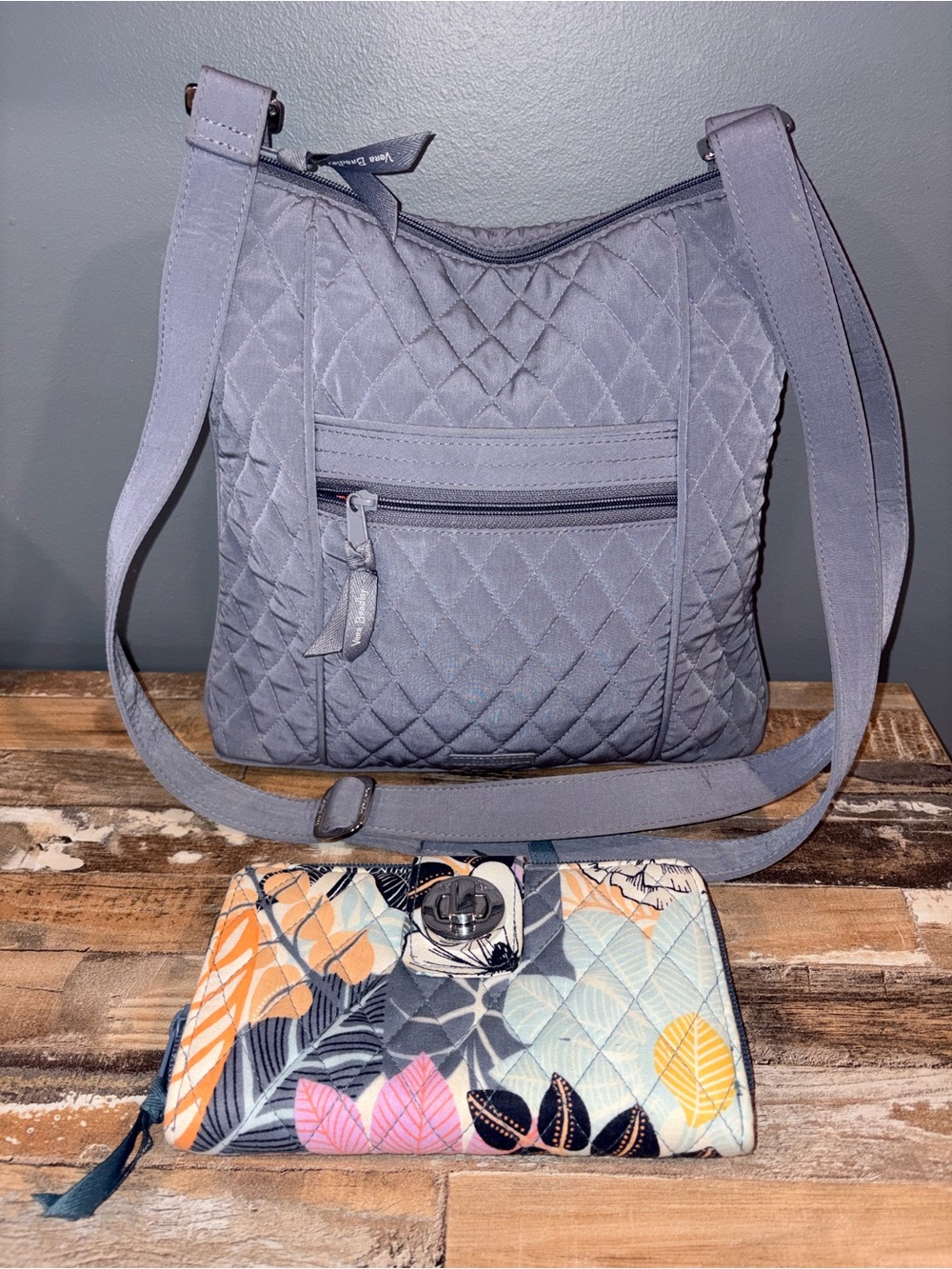 Vera Bradley Quilted Crossbody Shoulder Bag with wallet- Gray